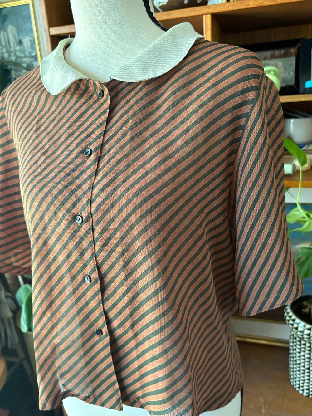 80s Vintage Stripe Peter Pan Collar Blouse M - Picture 4 of 6